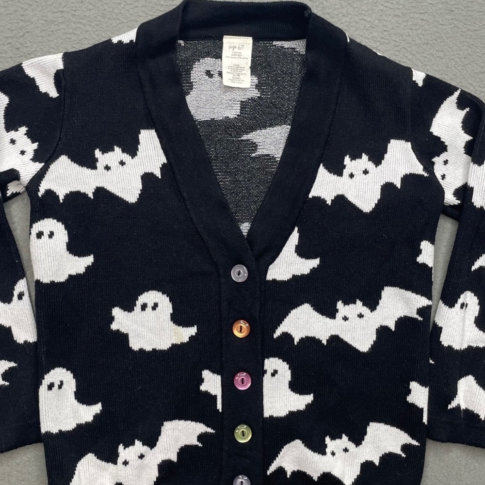 Eleanor Rose Kid Cardigan Sweater Black Ghost Bat Knit 6/7  Halloween Novelty